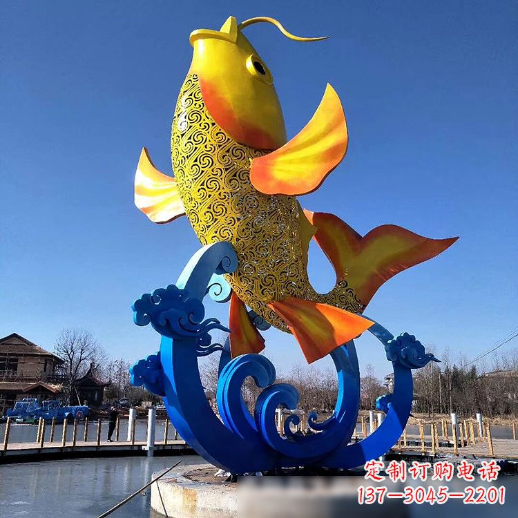 泸州彩绘不锈钢鱼跃雕塑-大型水景喷泉动物雕塑