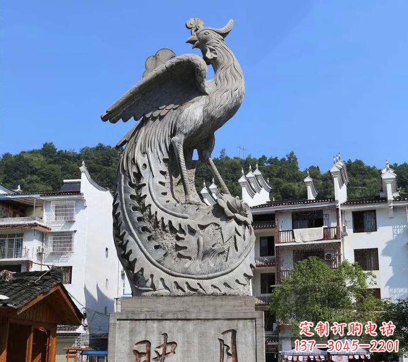 泸州城市景点凤凰石雕,青石石刻神兽雕塑