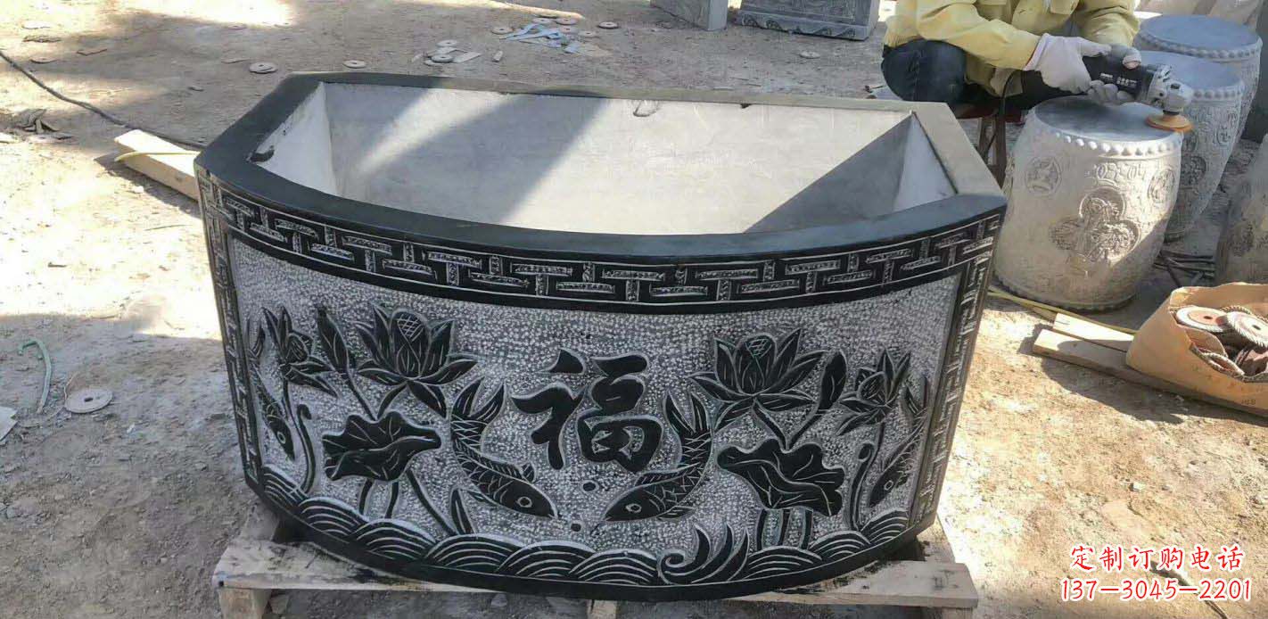 泸州精致方口石浮雕水缸雕塑