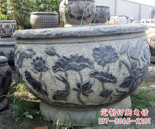 泸州中领雕塑仿古荷花石浮雕水缸