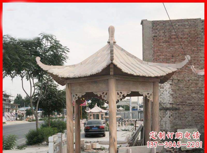 泸州公园晚霞红六角石凉亭雕塑