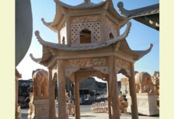 泸州公园晚霞红六角双层中式石雕凉亭