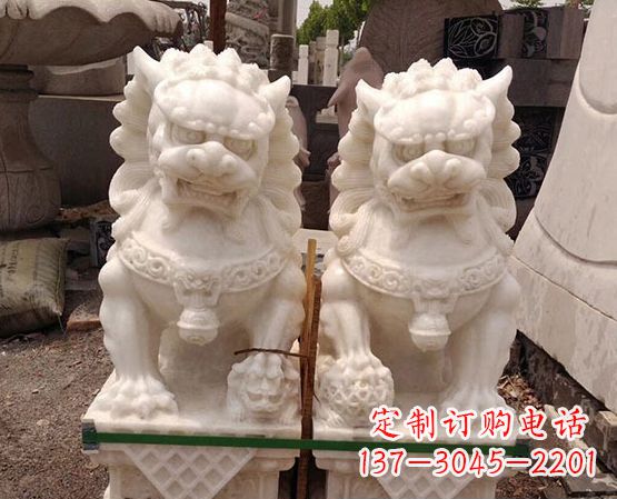 泸州汉白玉踩绣球狮子石雕_2