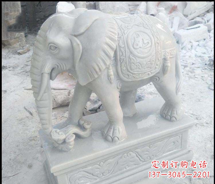 泸州精美汉白玉吉祥鼻卷如意大象雕塑