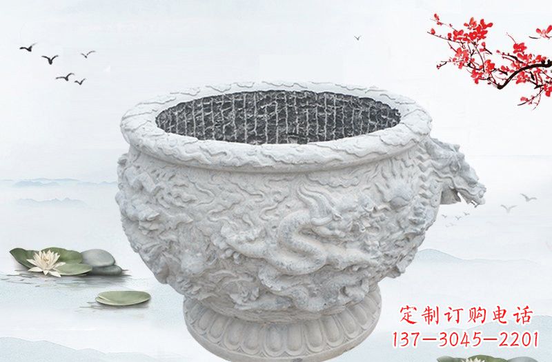泸州汉白玉龙浮雕水缸,传承传统经典