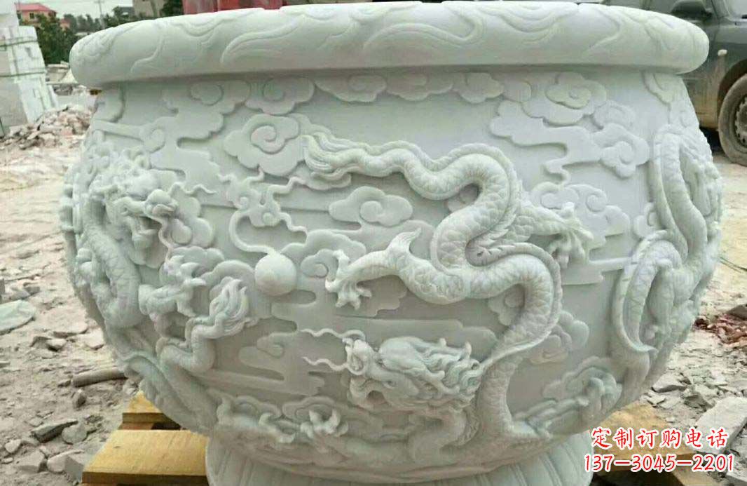 泸州汉白玉龙浮雕水缸雕塑