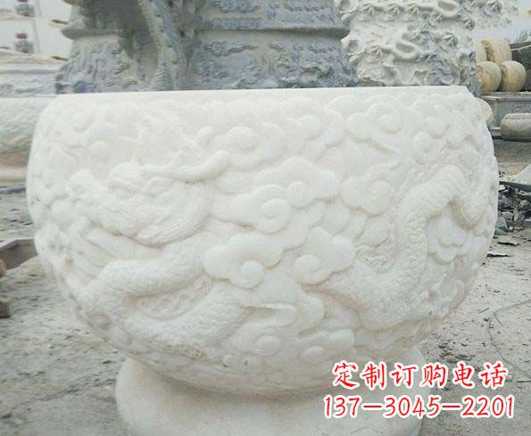 泸州汉白玉龙浮雕招财水缸,让你家居多一份福气