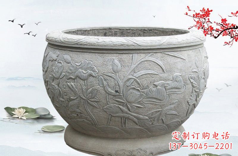 泸州连年有余浮雕水缸石雕