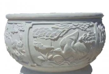 泸州汉白玉松鹤延年浮雕水缸，带给您无尽的岁月美景