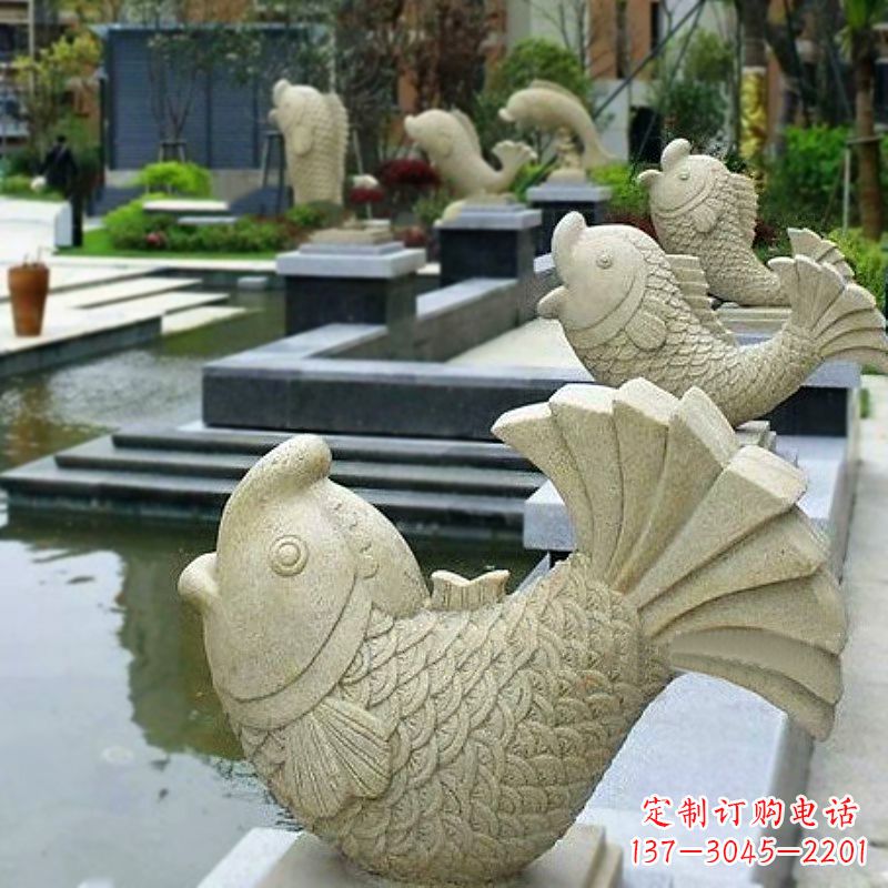泸州喷水鱼砂岩石雕-园林水池雕塑