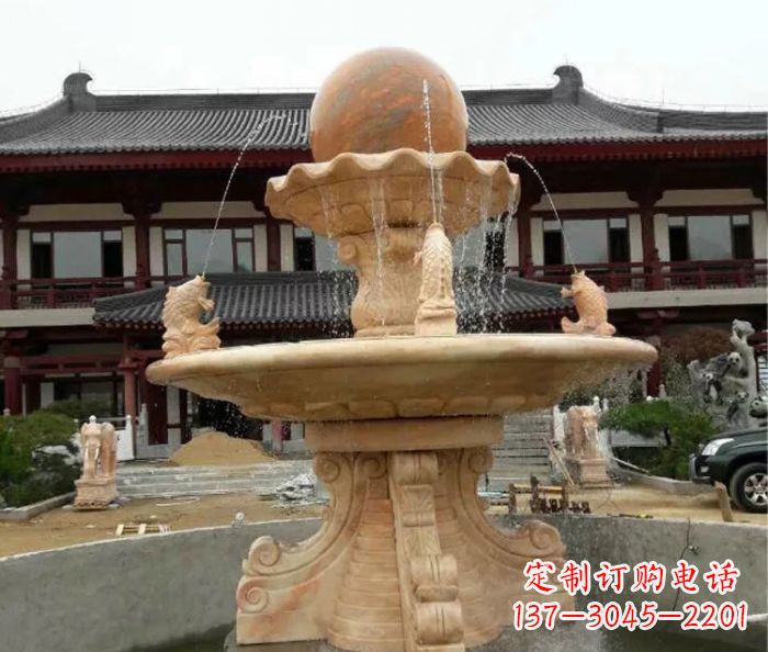 泸州双层风水球喷泉晚霞红石雕