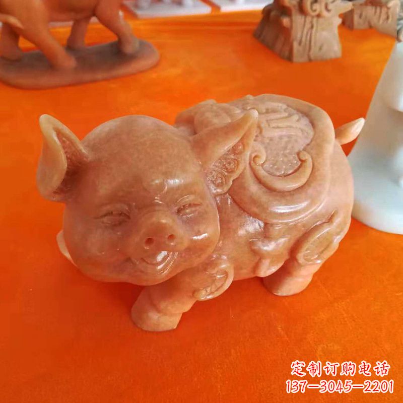 泸州晚霞红大理石招财猪雕塑-企业商场创意生肖动物风水摆件