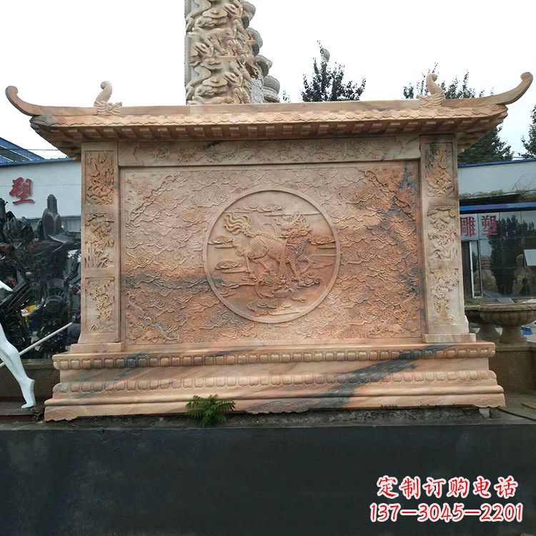 泸州晚霞红麒麟影壁墙石雕