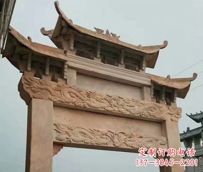 泸州晚霞红石雕单门牌坊