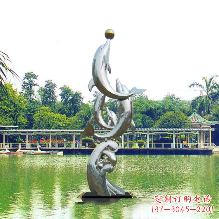 泸州戏球不锈钢海豚雕塑-园林水景动物景观