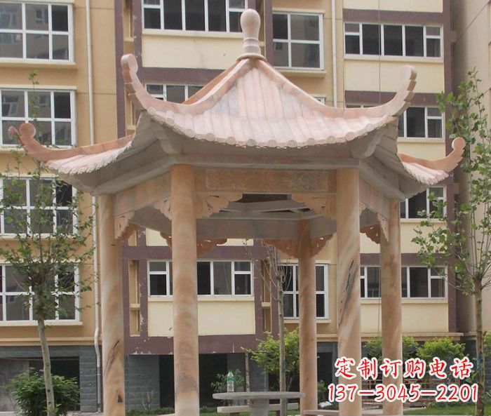 泸州小区晚霞红六角凉亭石雕
