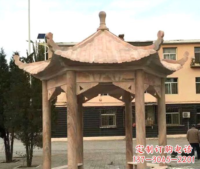 泸州园林晚霞红六角石雕凉亭