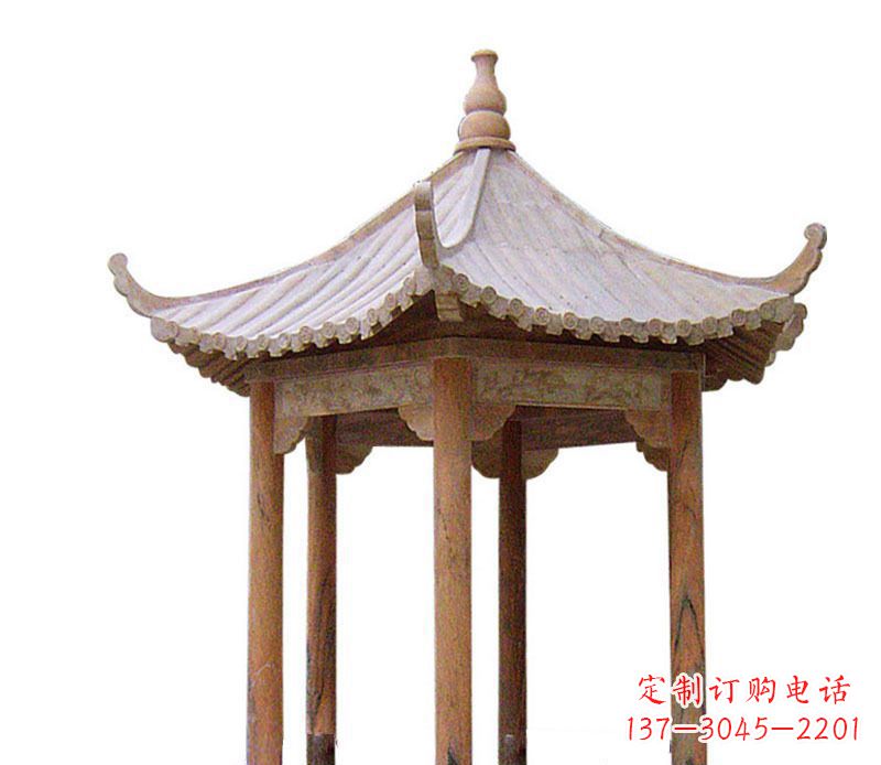 泸州园林晚霞红六角石凉亭景观石雕 (2)