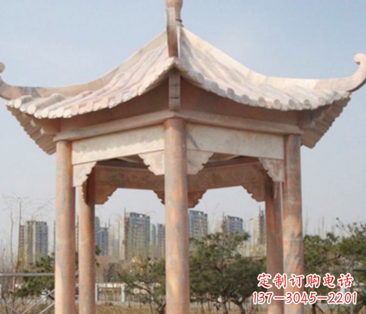 泸州园林晚霞红六角石凉亭景观石雕