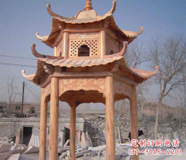 泸州园林晚霞红石凉亭景观石雕